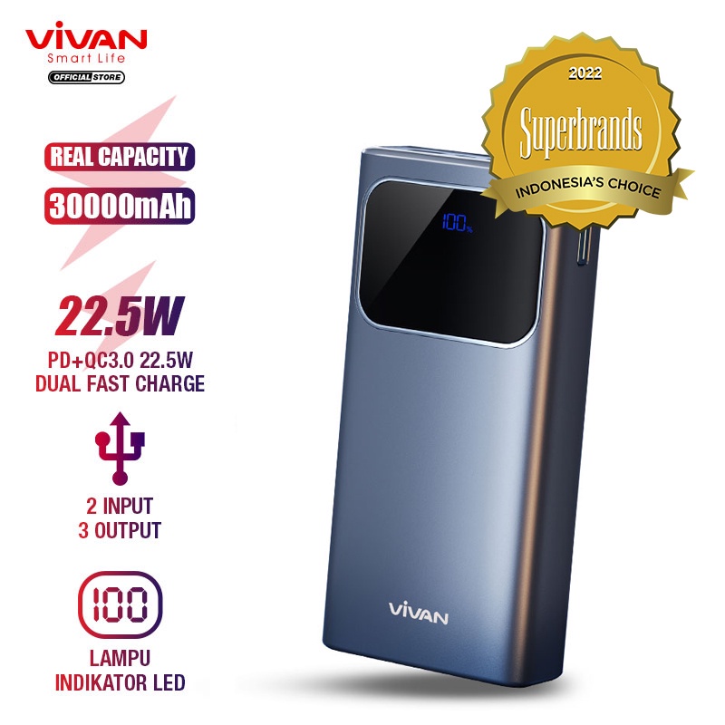 VIVAN Powerbank 30.000 mAh VPB-C20 / VPB-C30 3 Output Fast Charging 22.5W PD QC 3.0 VOOC Support Smartphone All Type