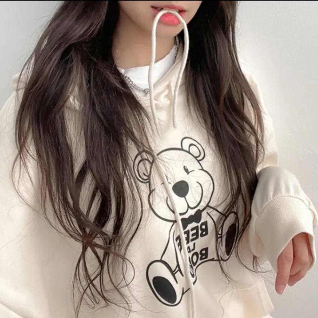 HOODIE WANITA OVERSIZE BEBE LA BORD KOREAN STYLE PREMIUM SIZE XL FLEECE TEBAL HALUS TERBARU'