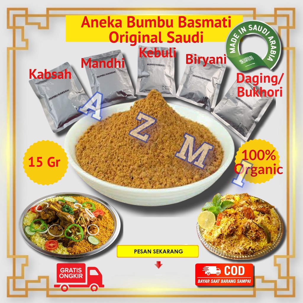

Aneka Bumbu Nasi Kebuli, Mandhi, Briyani, Kabsah, Bukhori 15gr Non MSG Untuk 2 Liter Beras Original Saudi