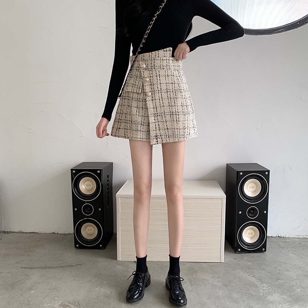 Celana Rok Wanita Tweed Skorts High Waist Korean Style Celana Pendek Skirt Mini