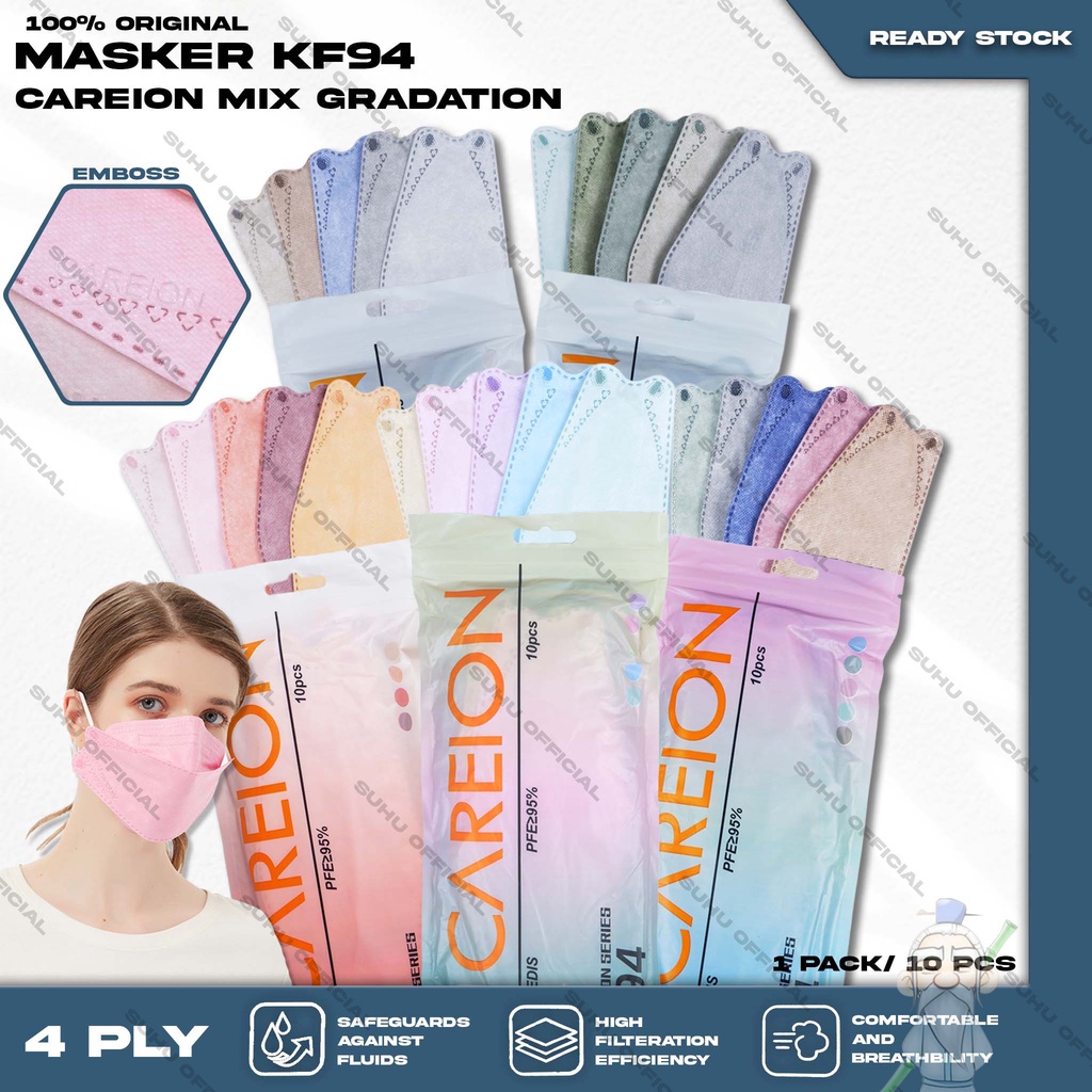 Masker KF94 CAREION 4Ply isi 10Pcs Gradation Series Mix Warna Korea KF 94 4 Ply Earloop Surgical Mask Kemenkes