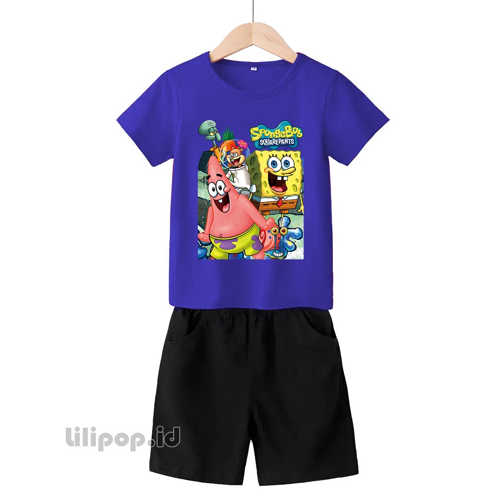 Baju Anak Stelan Kaos 3/4 Spongebob patrik Cowok Cewek  Usia 2 - 7 Tahun Celana Pendek Harian