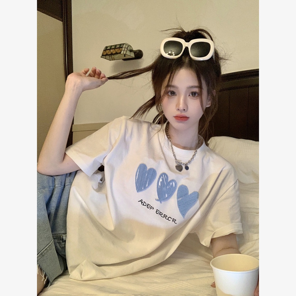 100% cotton baju kaos wanita lengan pendek korean style blue heart graffiti print t-shirt import kaos puith ootd