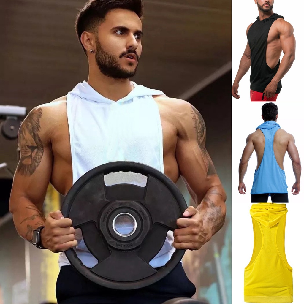SINGLET HOODIE GYM OLAHRAGA PRIA FITNESS SPORT RUNNING TOPI