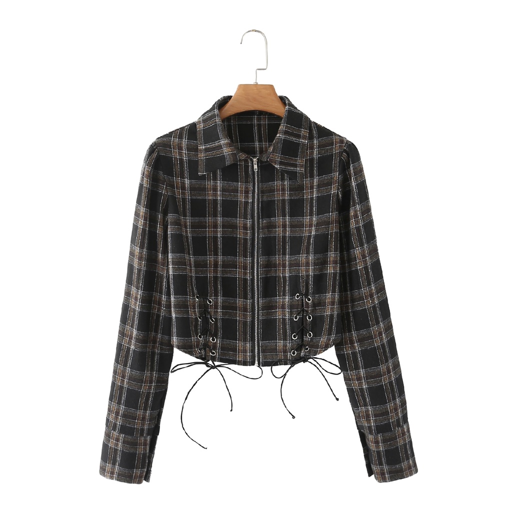 Kemeja Wanita Motif Kotak Lengan Panjang Model Black Plaid Crop Shirt