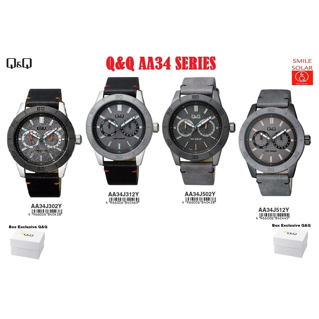 Jam Tangan Pria Sporty Casual Kulit Leather Tanggal Hari Analog Original Q&amp;Q QnQ QQ AA34 AA34J Series