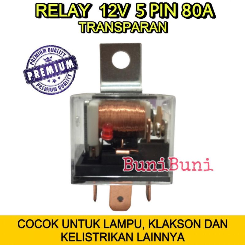 RELAY Transparan Bening 12V KAKI 5 Pin 80A Untuk Riley Lampu Klakson Alarm Mobil / Motor - 12V 5 KAKI