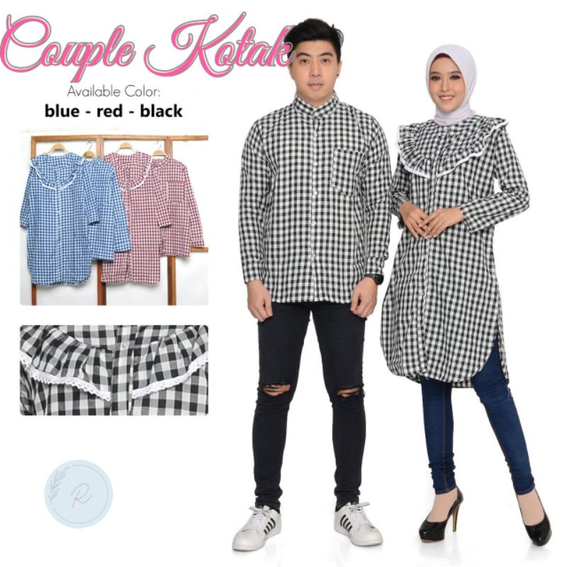 Cp Couple Darlene Pasangan Kemeja Dan Dress Gamis Maxy Fehm Couple Kotak Kotak - Rh / Set Kemeja Pri