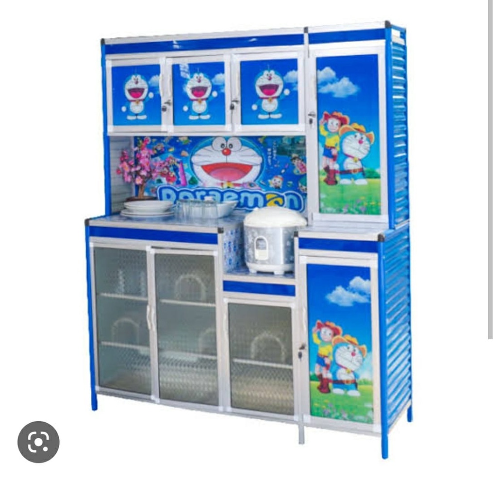Rak Piring 4 Pintu Keramik Gambar doraemon/ Hello Kitty/Rak Kaca Besar Cahaya Timur Rak Meja Kompor 