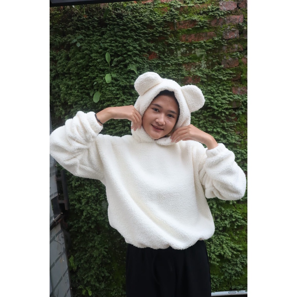 Sweater Bulu Sherpa Wanita Viral Crop Jaket Wanita Jaket hodie bulu kelinci lucu