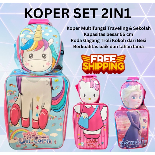 PROMO PALING MURAH + FREE ONGKIR !!! Tas Koper Anti Air Sekolah Anak SD + Lunch Bag Pony Litltle Pony Unicorn Hellokity Helo kity DIno Dinosaurus Koper Set KOPERSET 2in1