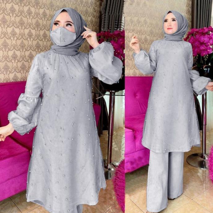 MURAH Gamis Wanita Muslim Setelan Tunik Celana SELBILA Warna ABU GREY SILVER