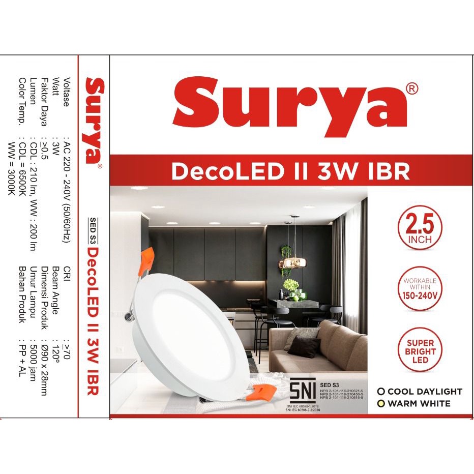 Surya Lampu LED Downlight Decoled II IBR 3 5 9 15 18 Watt Inbow Bulat Standar SNI