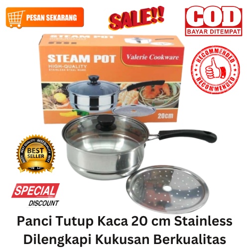 [BISA COD] PROMO Panci Tutup Kaca 20 Cm Dilengkapi Kukusan Berkualitas Steam Pot Panci Kukus Panci Susu Panci Stainless Panci Rebus Panci Mie Murah Harga Terjangkau