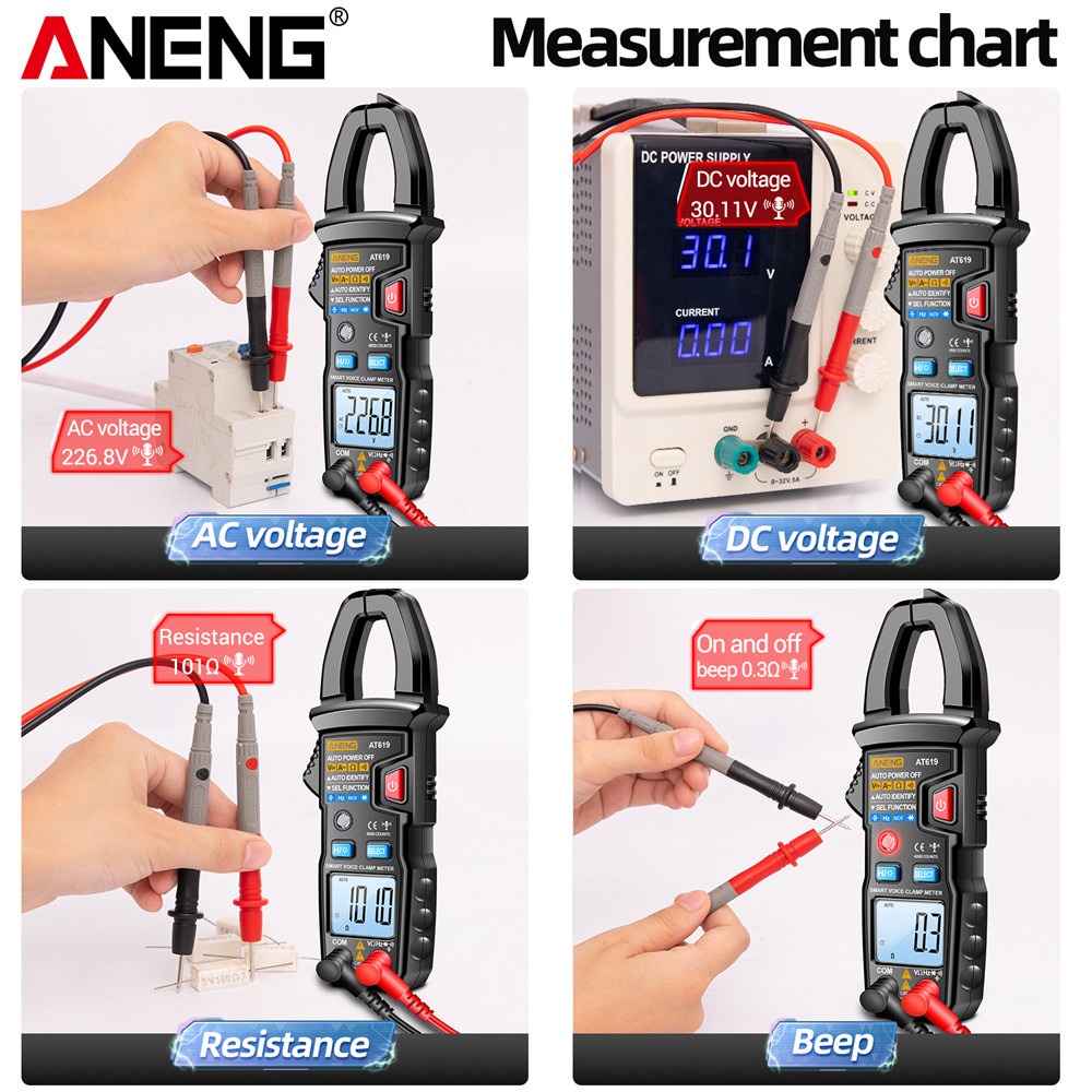 ANENG Digital Clamp Meter Voltage Tester Voice Broadcast 4000 Count - AT619 - Black/Red