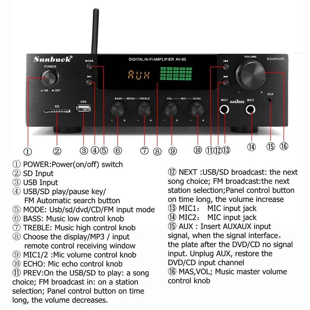 Audio Amplifier Bluetooth EQ Karaoke FM Radio 200W - AV-80 - Black