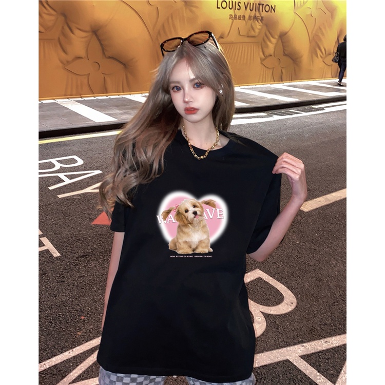 XIAOZHAINV Kaos Atasan Wanita Love Pink Dog Pattern Lengan Pendek A0328