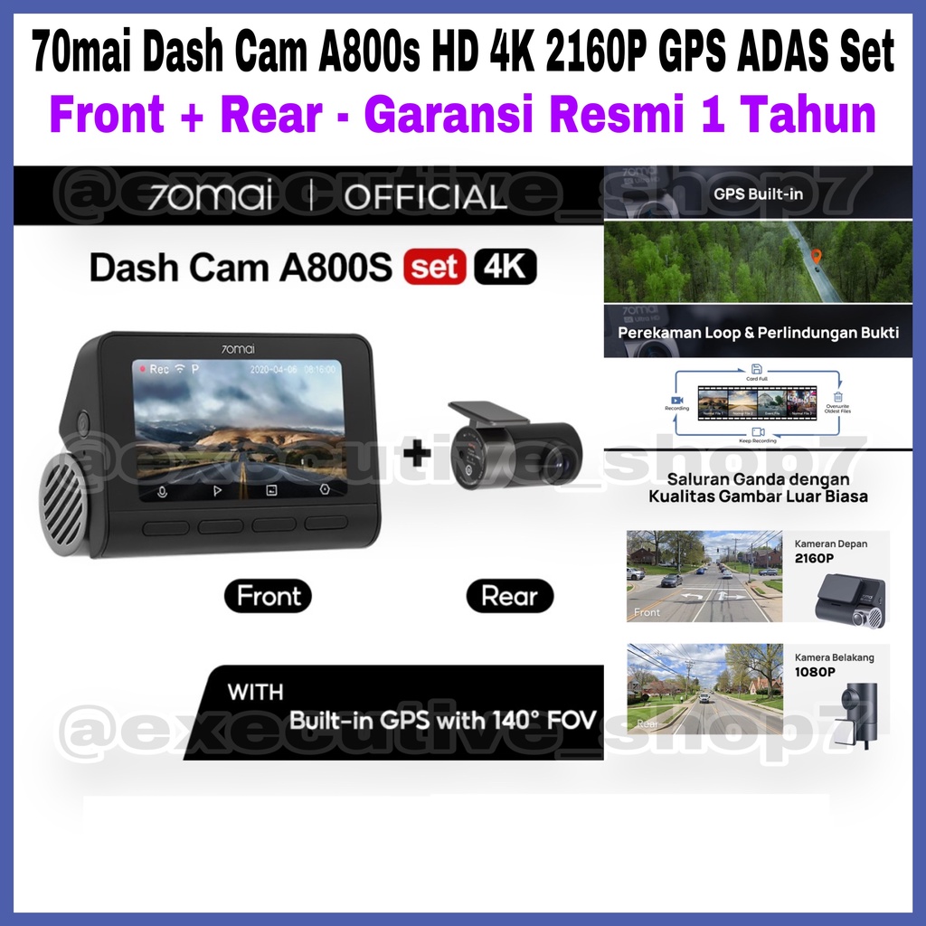 70mai Dash Cam A800s HD 4K 2160P GPS ADAS Set - Front + Rear - Garansi Resmi 1 Tahun