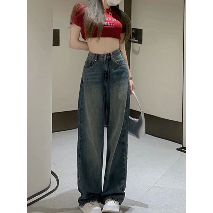 ✅COD New Retro Biru High Waist Kekinian Korean Style Straight Celana Panjang Jeans