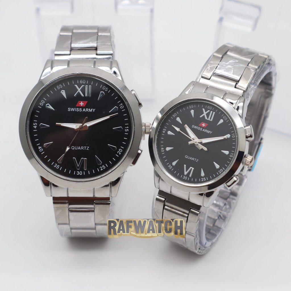 Jam Tangan Pasangan Pria Wanita Analog Casual Rantai Stainless Hitam Silver RPA1