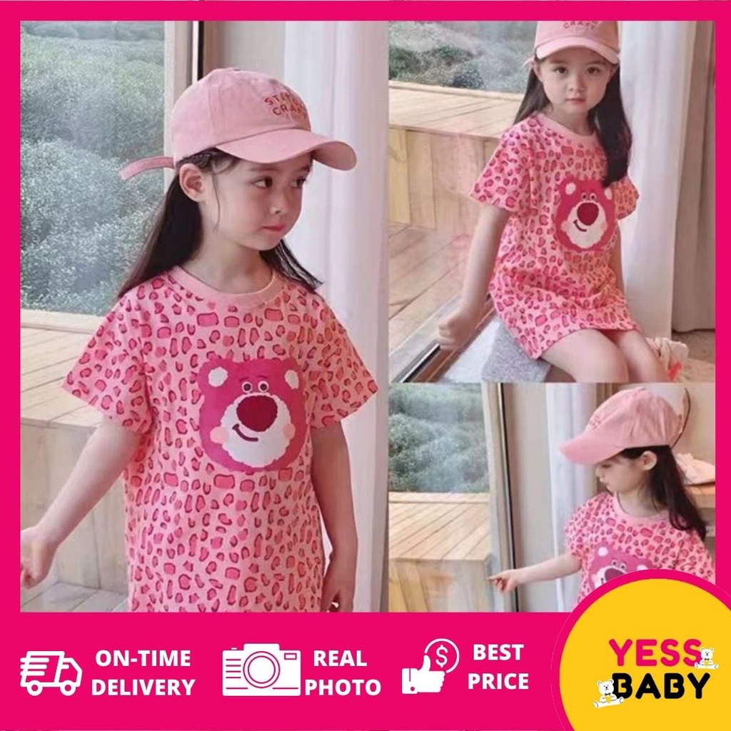 YESSBABY 1-9TAHUN LEOPARD gadis merah muda beruang /dress kaos anak perempuan import bahan halus