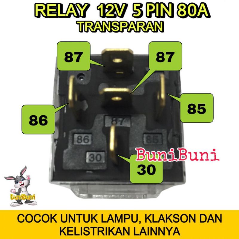 RELAY Transparan Bening 12V KAKI 5 Pin 80A Untuk Riley Lampu Klakson Alarm Mobil / Motor - 12V 5 KAKI