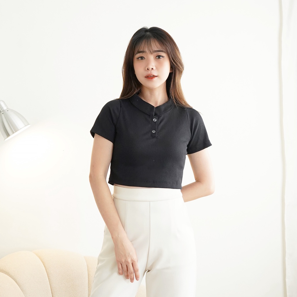 Korean Crop Top Rib Baju Atasan Wanita T-Shirt Kaos Kerah 164