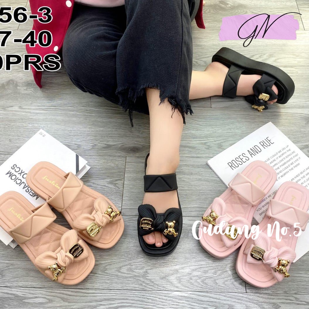 GN-856-1 2 &amp; 3 Sandal Selop Jelly Model Pita Wedges Fashion Wanita Terbaru Import PCU