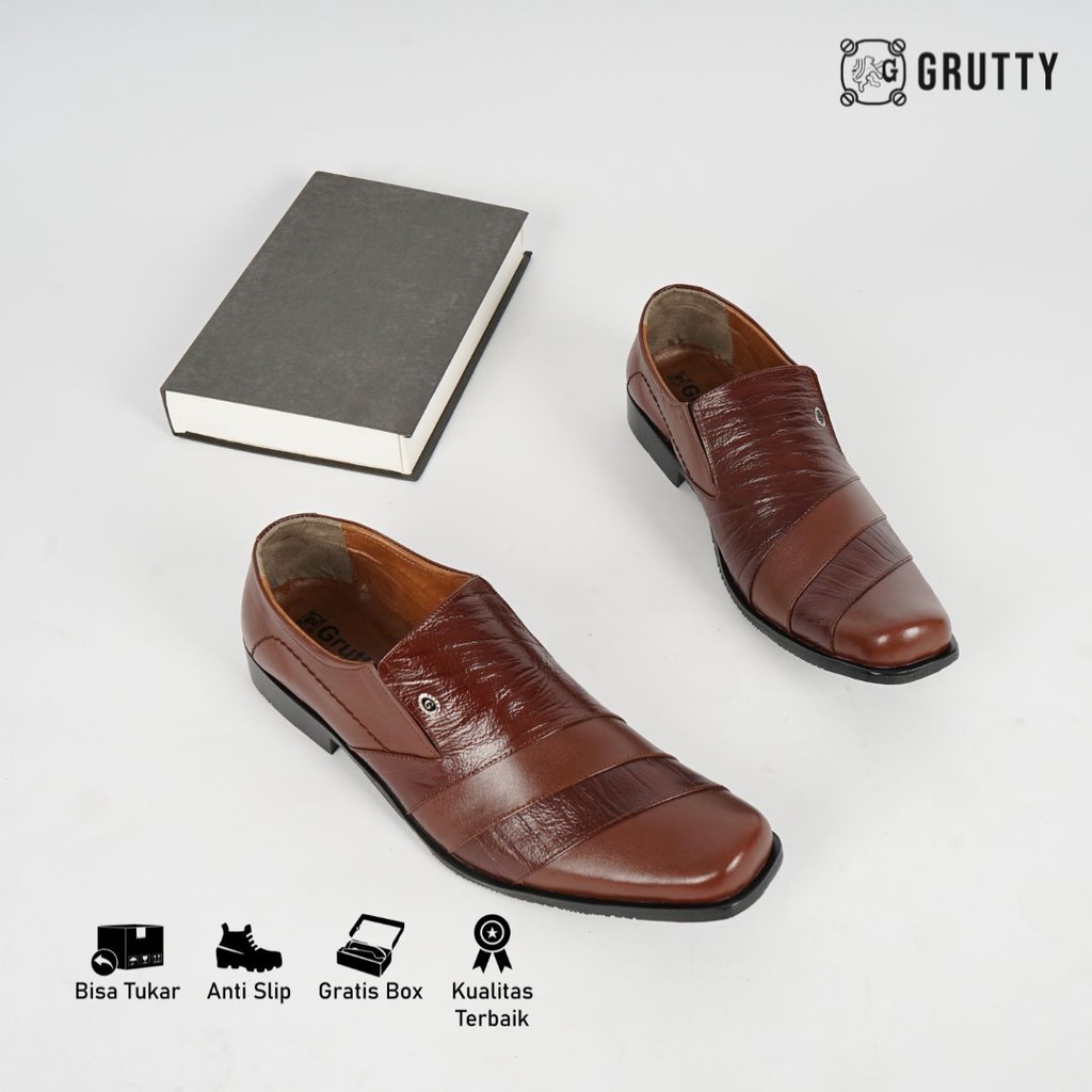 Sepatu Pria Formal Pantofel Kulit Asli Tanpa Tali Big Size Ukuran Besar GRUTTY DC014 Coklat