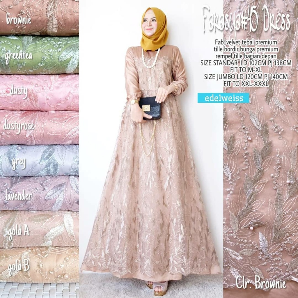 Farasya Dress Muslimah #45 Gamis Brukat Jumbo Gamis Lebaran Terbaru Gaun Pesta Resepsi Seragam Pernikahan Outfit Bridesmaid Broklat Jumbo Wanita xxxl Dress Code Kondangan Warna Rose Gold Greentea Ice Blue Maroon Navy Brown Millo Putih Denim