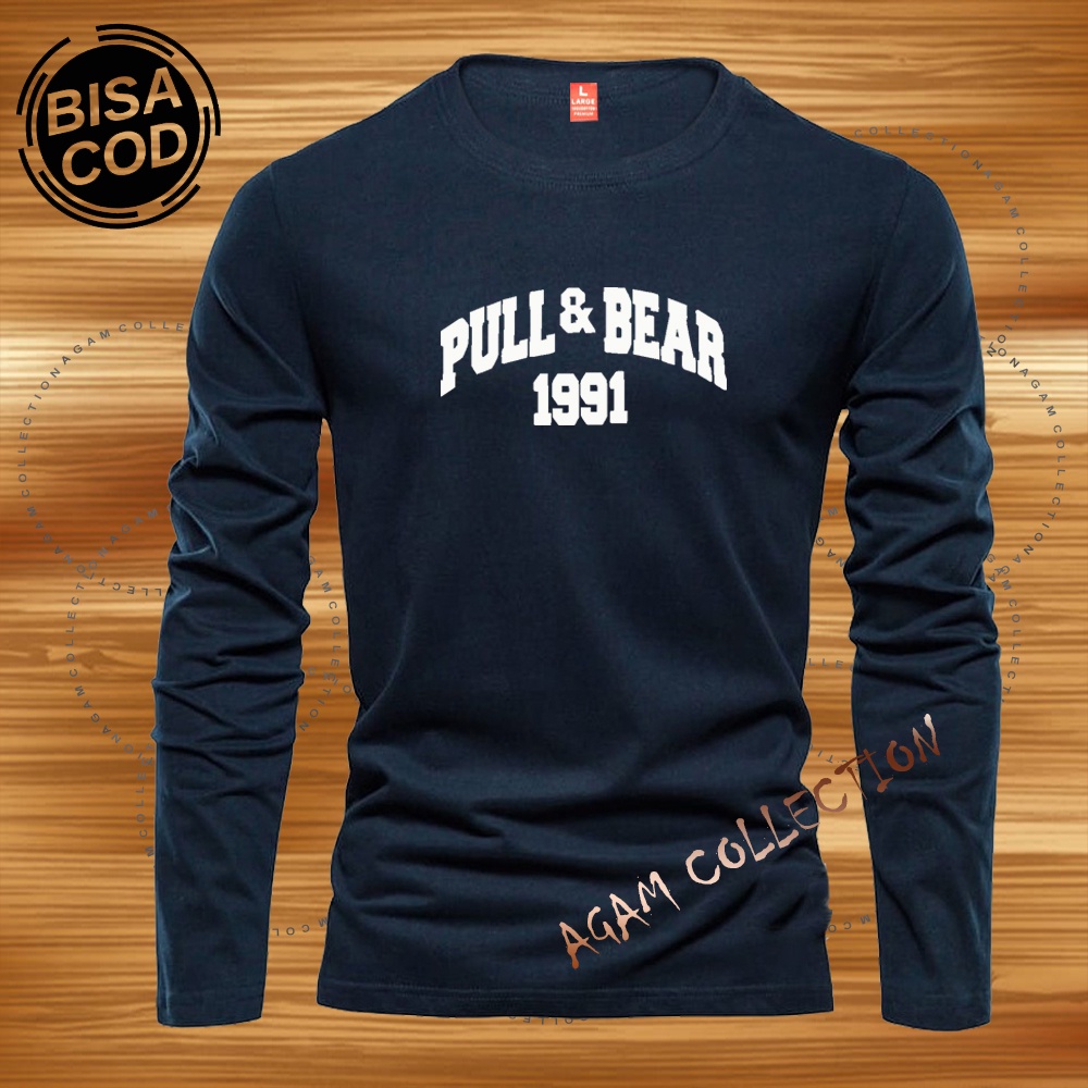 Agam Collection Baju Kaos Distro Pull&amp;Bear 1992 Text Putih Lengan Panjang Premium Quality Kaos Pria Keren Kaos Cewek/Cowok