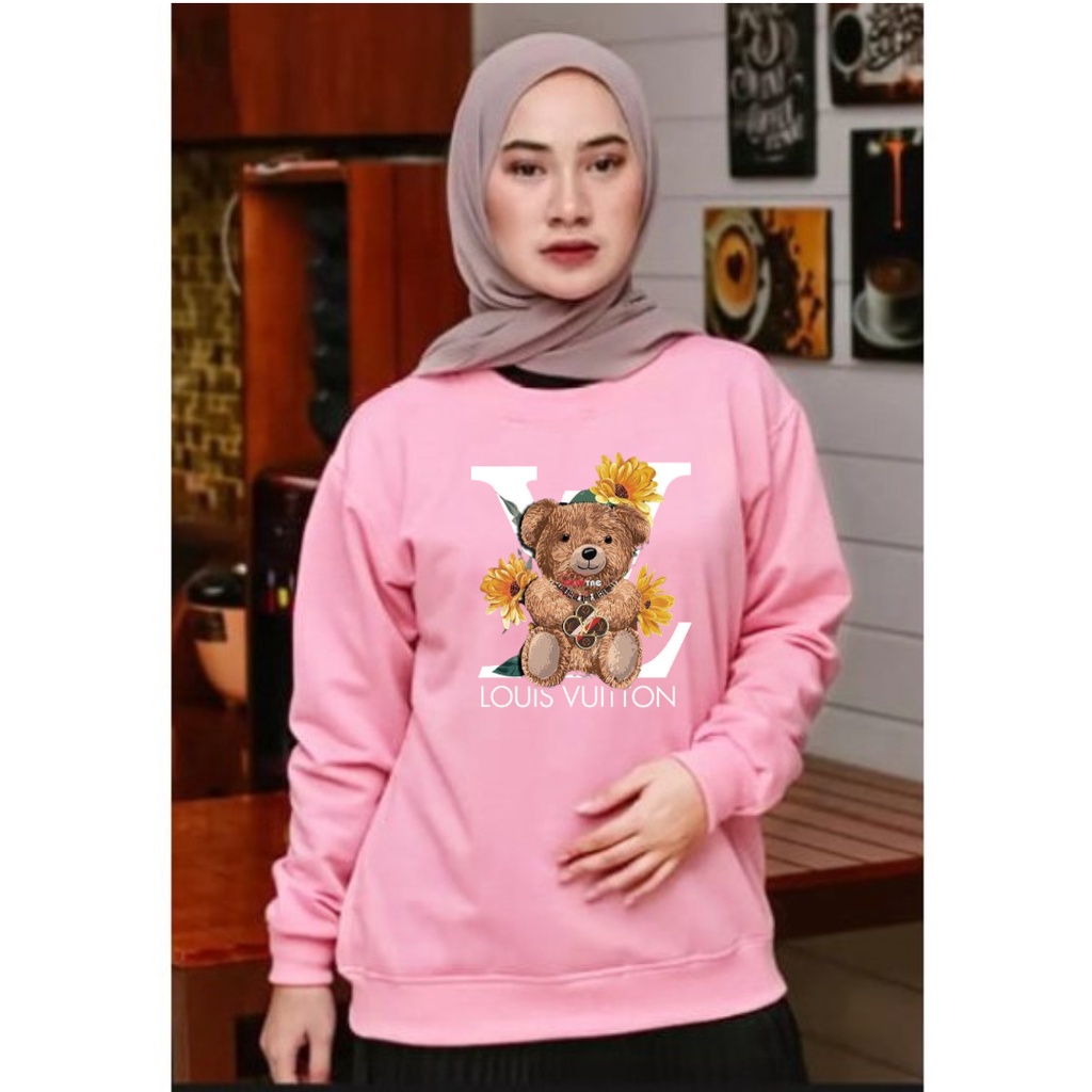 Baju lengan panjang wanita logo TEDDY BEAR LV / kaos distro model sweater keren trendy dan kekinian