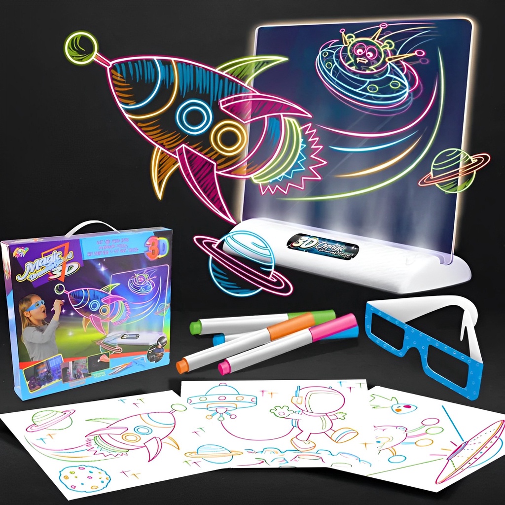 Magic Drawing Board 3D LED | Mainan Edukasi Anak Menggambar Papan Tulis | Kado Ultah Anak Cowok Cewek