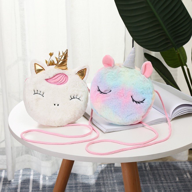 tas selempang kepala unicorn bulu bulat