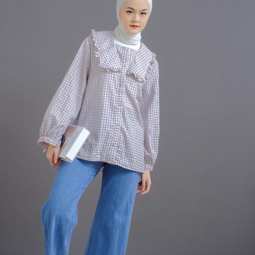 ◄ Mayoutfit Deian Blouse | Kemeja Katun Kerah Ruffle Motif Kotak ❈