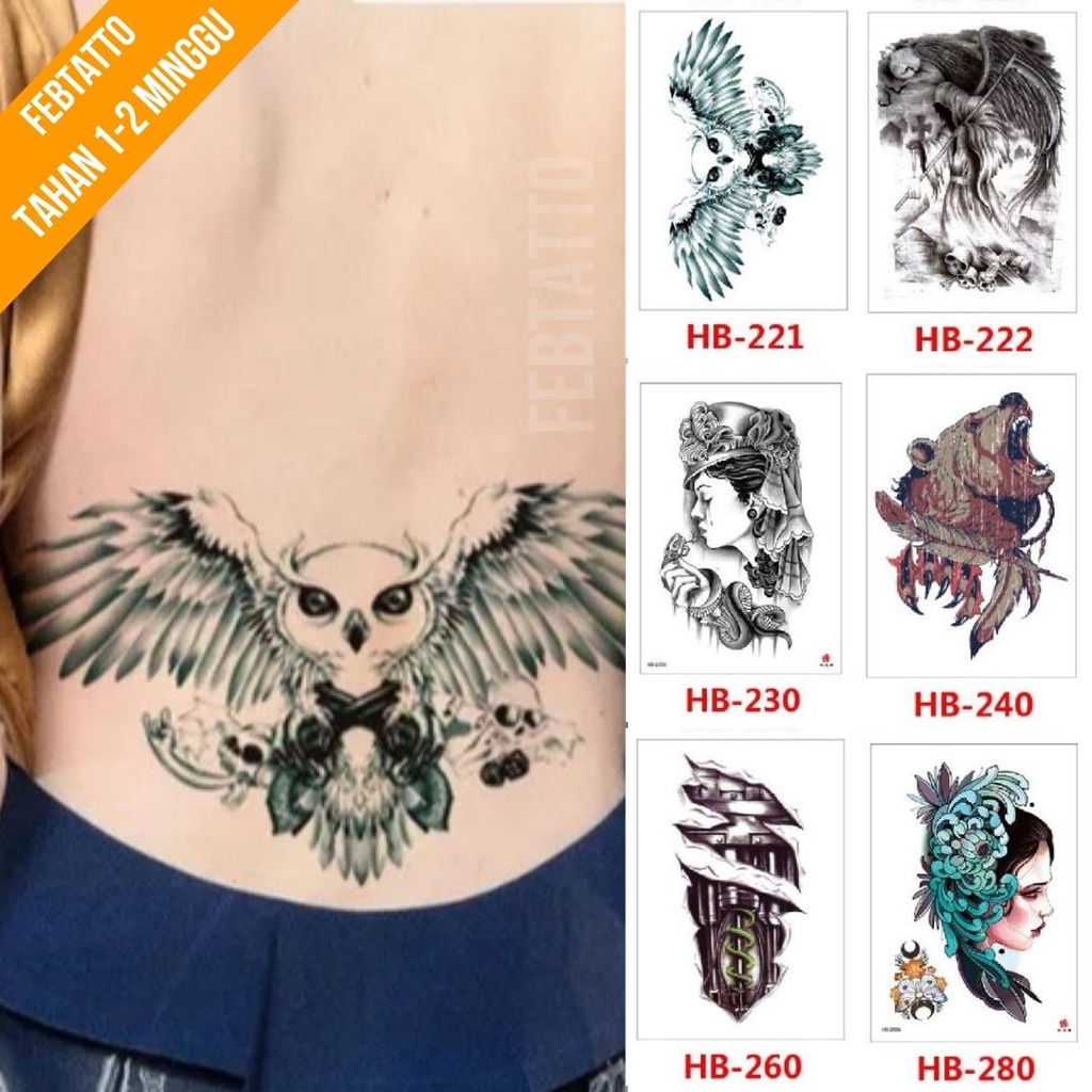 Tato Temporer Ukuran 21cmx15cm Motif Aesthetic Tatto Temporary Stiker Tato Halal Grosir Tato air motif burung hantu, malaikat, wanita, serigala ,perempuan, tribal robot HB 221