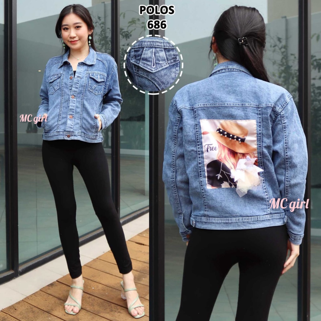 ( Bisa COD ) MC girl - Jaket Jeans Snow Gambar Pita Goyang Belakang / Jaket Lepis Gambar Pita Belakang Wanita / Jacket Denim Gambar Pita 3D