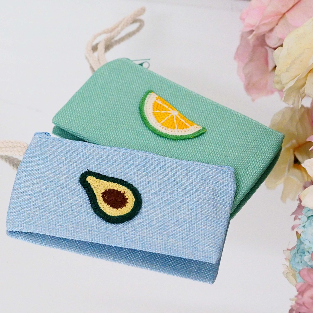 Dompet Serbaguna Tempat Pensil  Bordir Buah Tempat Masker Dompet HP Kartu Uang Pouch Kosmetik