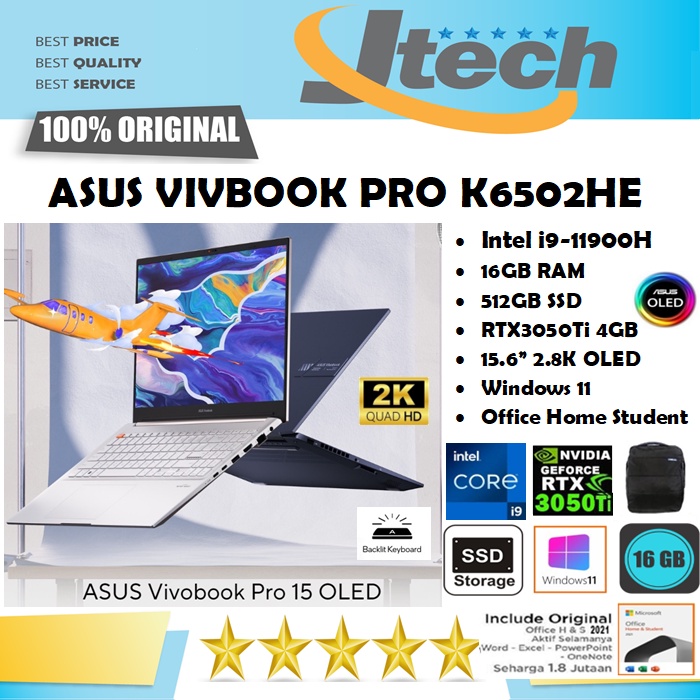 ASUS VIVOBOOK PRO 15 OLED K6502HE - i9-11900H - 16GB - 512GB SSD - RTX3050Ti 4GB - 15.6&quot;2.8K OLED - W11 - OFFICE HOME STUDENT