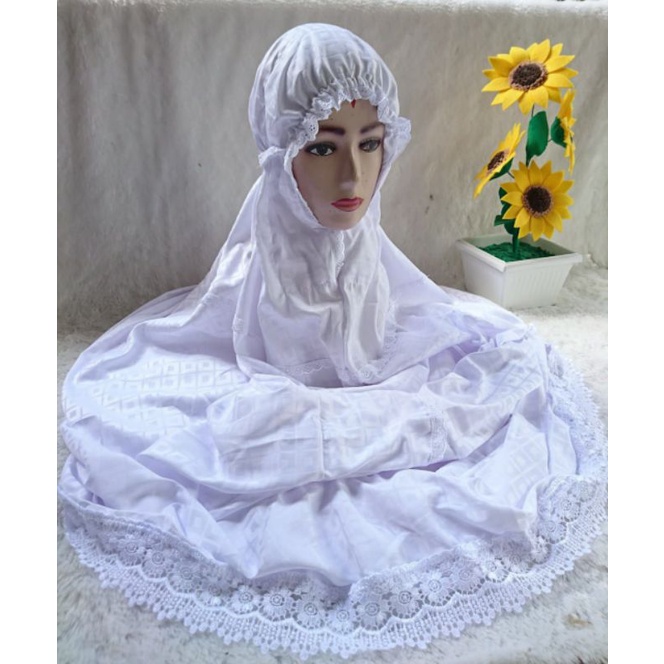 Mukena Terusan semi sutra premium putih renda