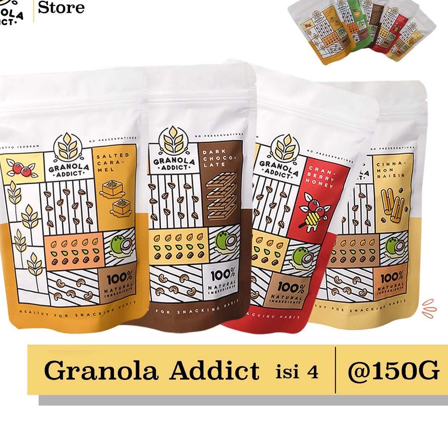 

Star seller Granola Addict - Paket Isi 4 * 150gram (Pandan Wangi / Dark Choco / Cinnamon, Cranberry / Caramel)