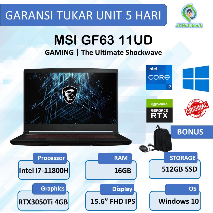 LAPTOP GAMING MSI GF63 11UD RTX3050Ti 4GB i7 11800H 16GB 512SSD WINDOWS 10
