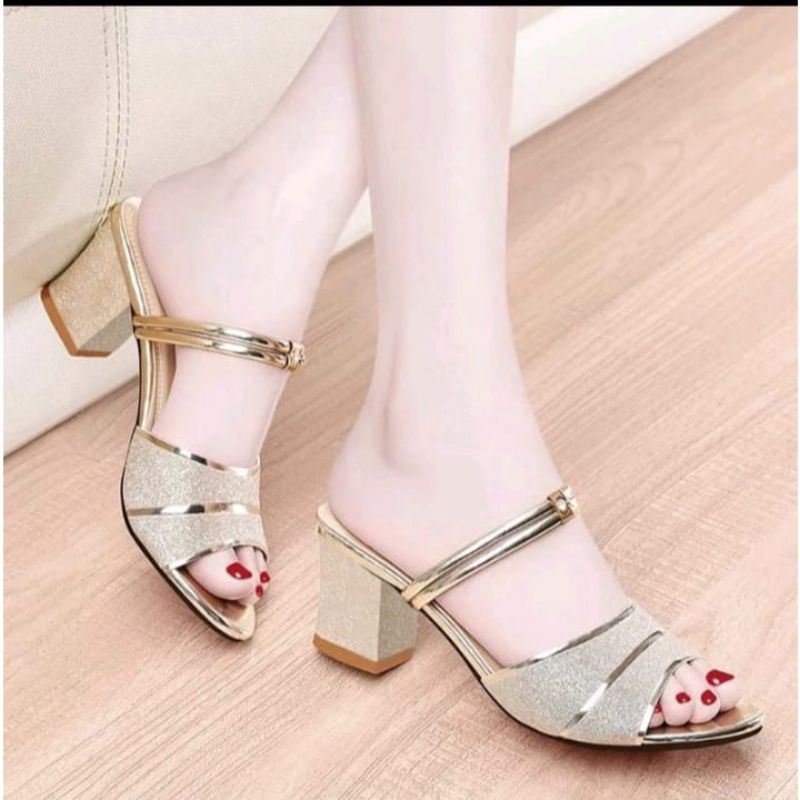 Sandal slop heels dubay 5cm/sandal wanita pesta/sandal heels slop