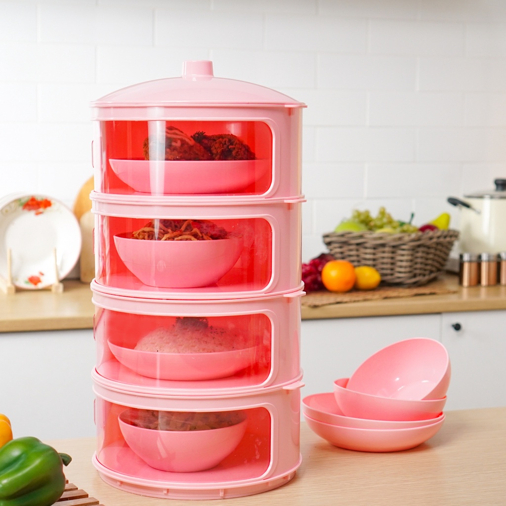 Tudung Saji Tower Tingkat 4 Technoplast Dish Keeper Set 4 Susun Pink Peach
