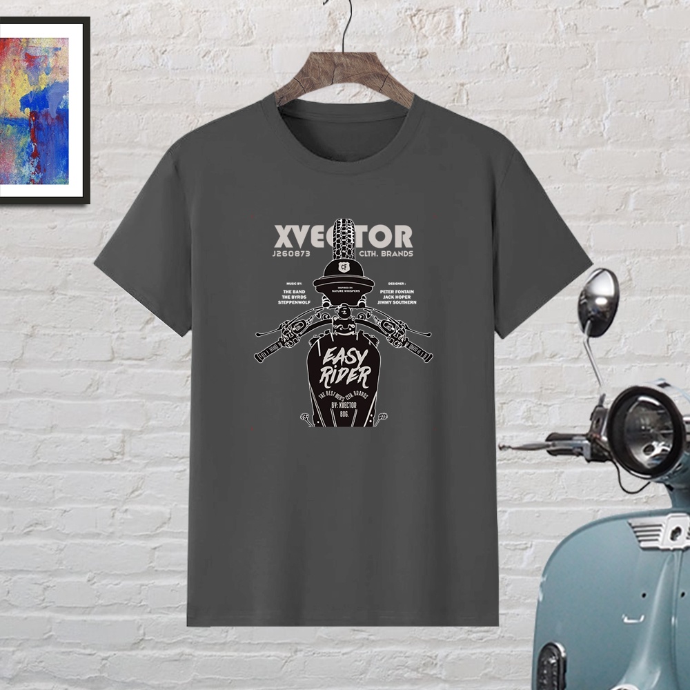 VALECTOR Kaos Pria Distro Katun Combed 30s Print Motor EASY RIDER Shirt Terbaru 2023 Hitam Abu Navy Marun Hijau