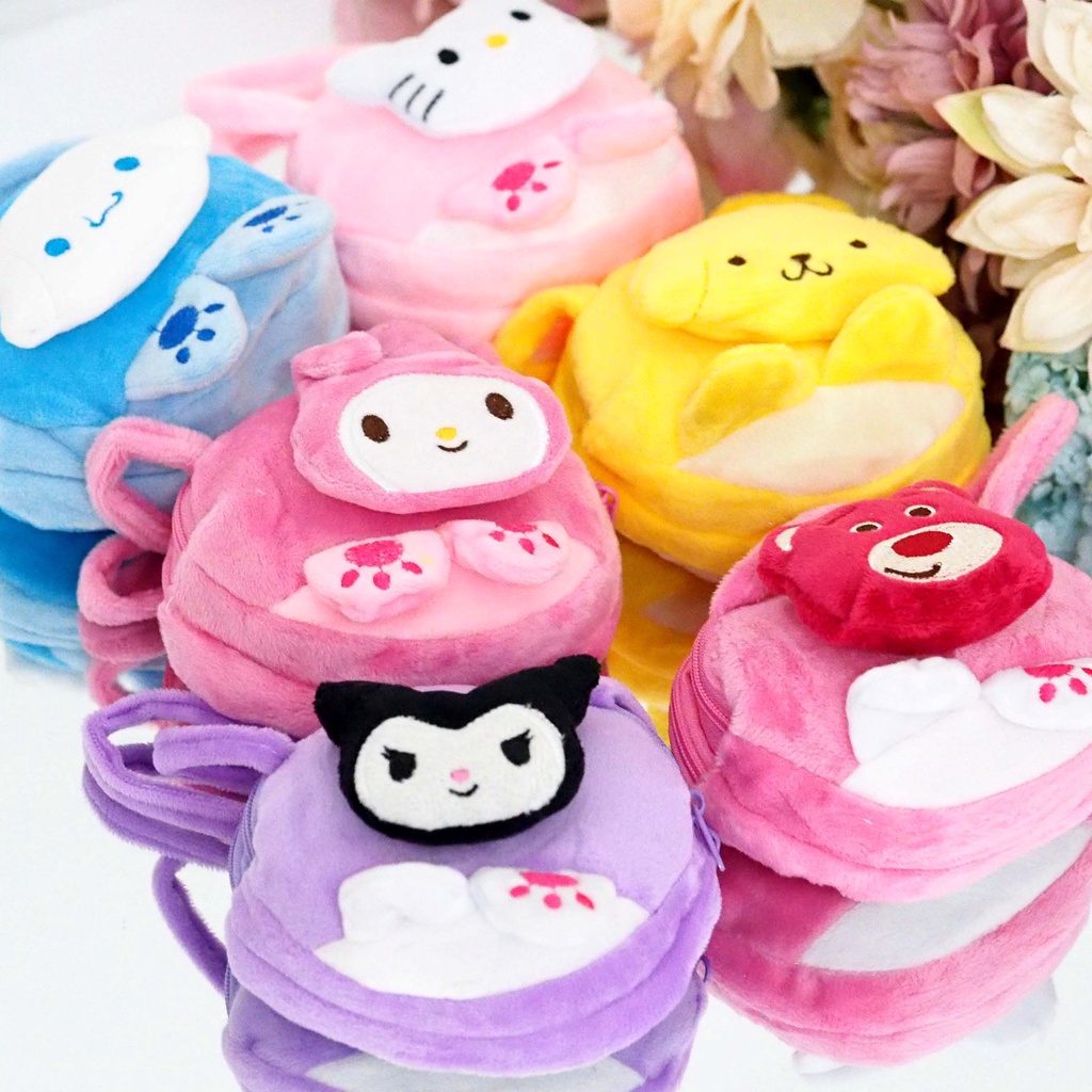 Dompet Koin Bulat Tenteng 2 Resleting Serbaguna Bulu Halus Karakter Sanrio Tempat Uang Pouch Kantong Kartu