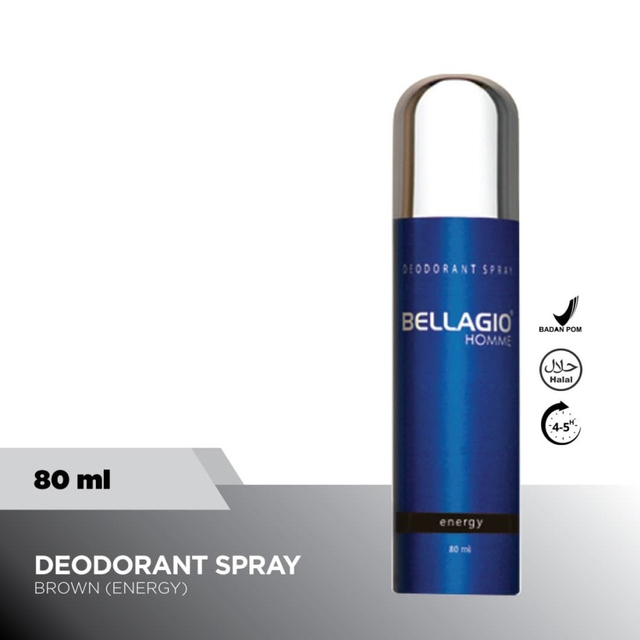 Bellagio Deodorant Spray Energy (Brown, 80ml) Pria Laki-laki Pewangi Parfum Penghilang Bau Badan Tub