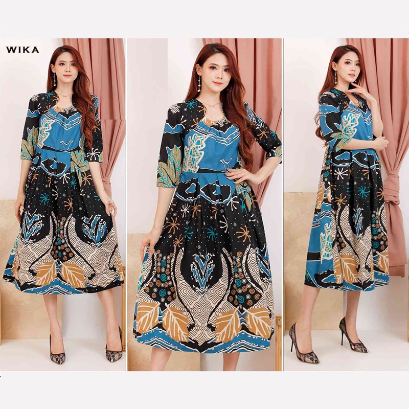 Evercloth Wika Dress Batik Lengan Panjang Wanita Dress Wanita Jumbo Batik Couple Dress Pita A-Line Gaun Batik Pastel Rok Mekar