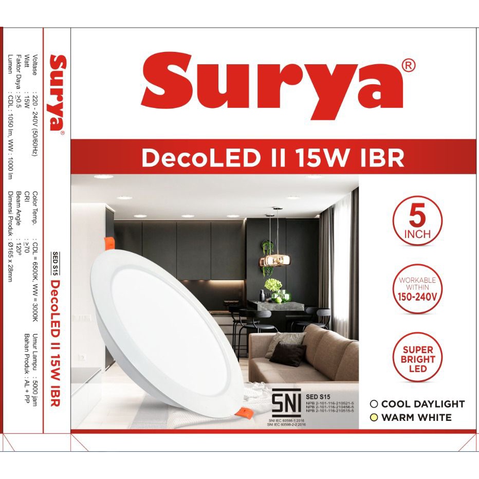 Surya Lampu LED Downlight Decoled II IBR 3 5 9 15 18 Watt Inbow Bulat Standar SNI