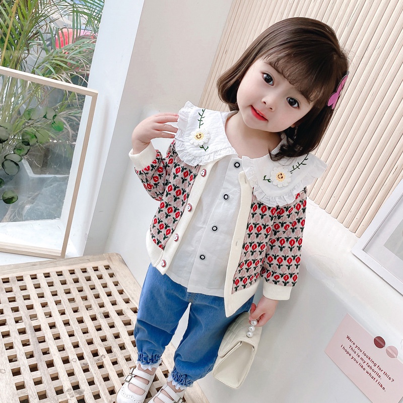 Setelan Anak Cewek Set Anak Perempuan Dengan Jaket Kemeja Jeans 3in1